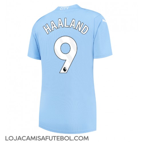 Camisa de Futebol Manchester City Erling Haaland #9 Equipamento Principal Mulheres 2023-24 Manga Curta